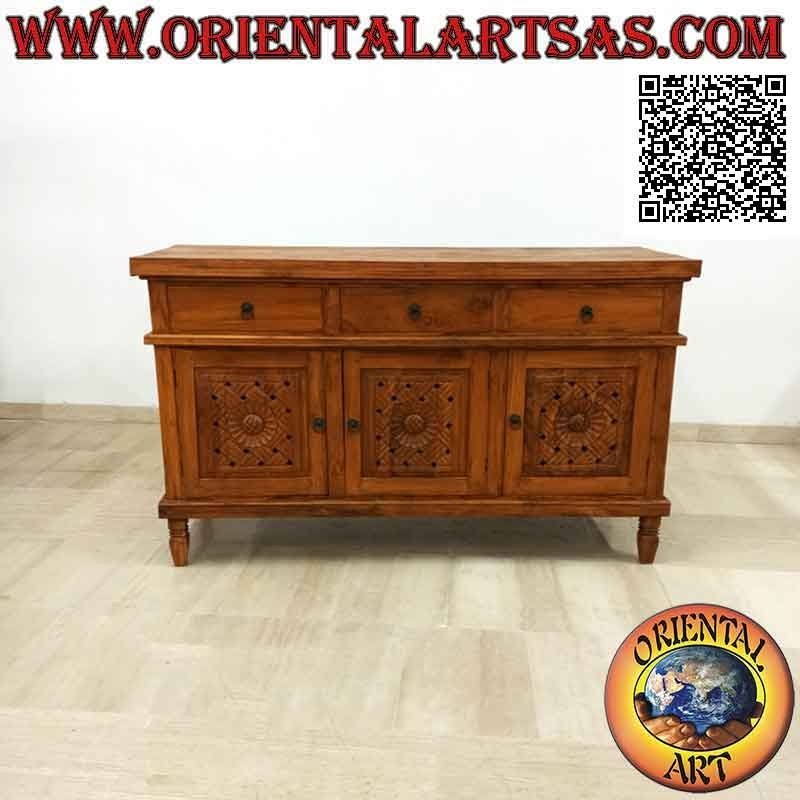 Buffet à 3 portes et 3 tiroirs avec décorations florales sculptées à la main en bois de teck