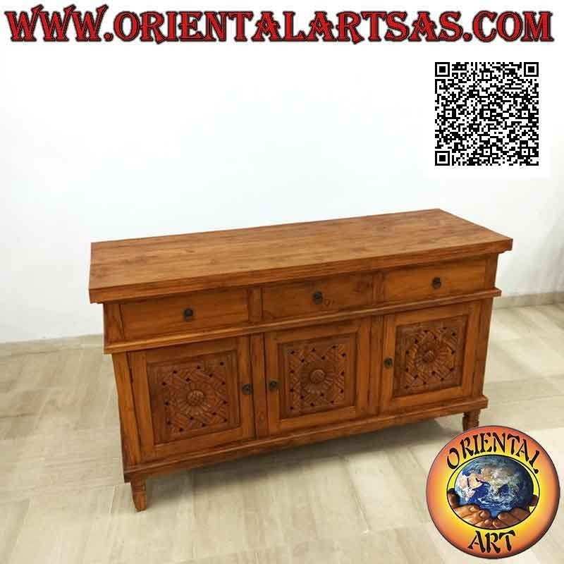 Buffet à 3 portes et 3 tiroirs avec décorations florales sculptées à la main en bois de teck