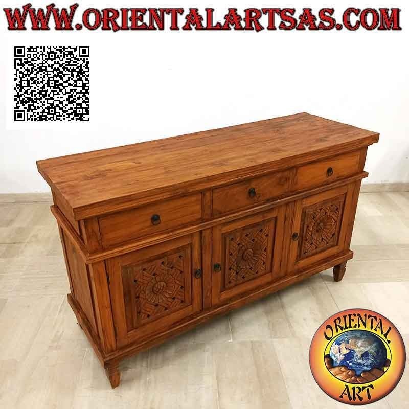 Buffet a 3 ante e 3 cassetti con decorazioni floreali intagliate a mano in legno di teak