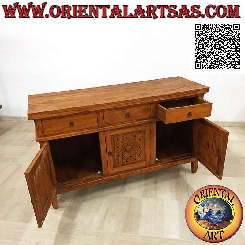 Buffet a 3 ante e 3 cassetti con decorazioni floreali intagliate a mano in legno di teak