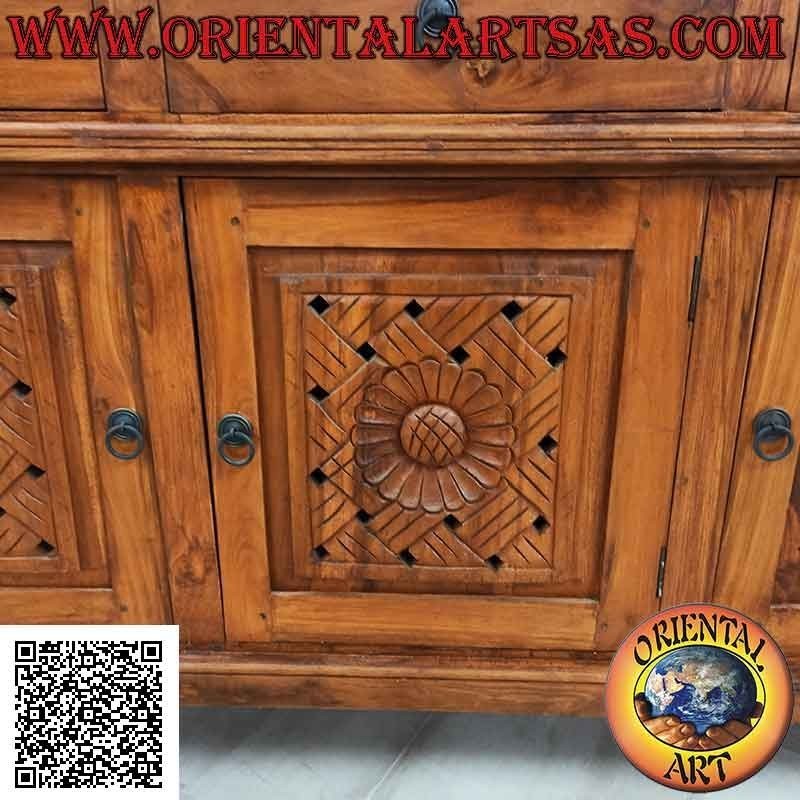 Buffet à 3 portes et 3 tiroirs avec décorations florales sculptées à la main en bois de teck