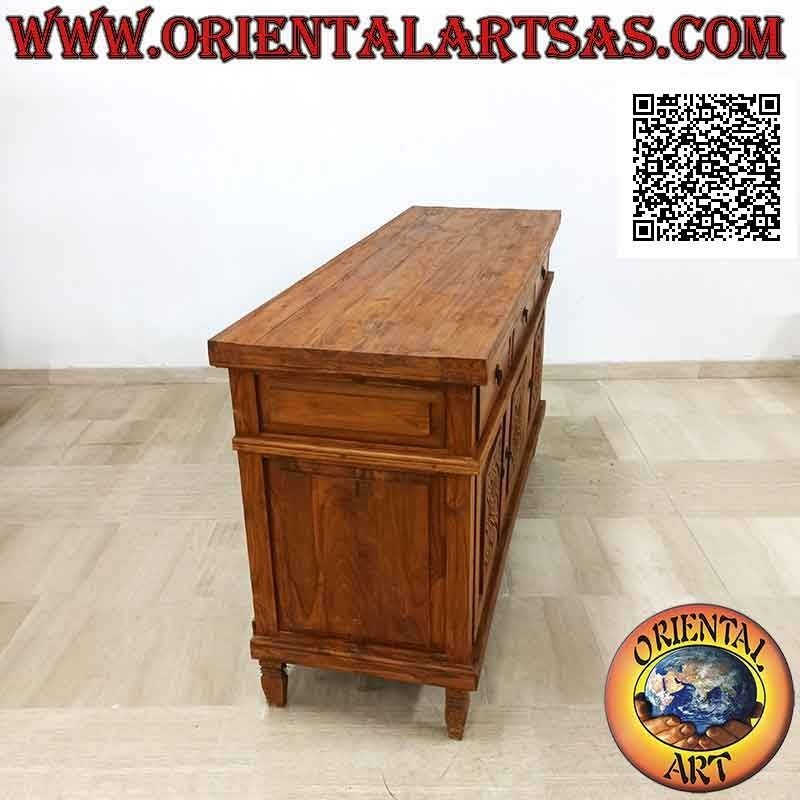 Buffet de 3 puertas y 3 cajones con adornos florales tallados a mano en madera de teca