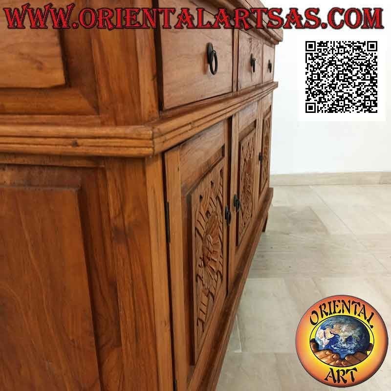 Buffet de 3 puertas y 3 cajones con adornos florales tallados a mano en madera de teca