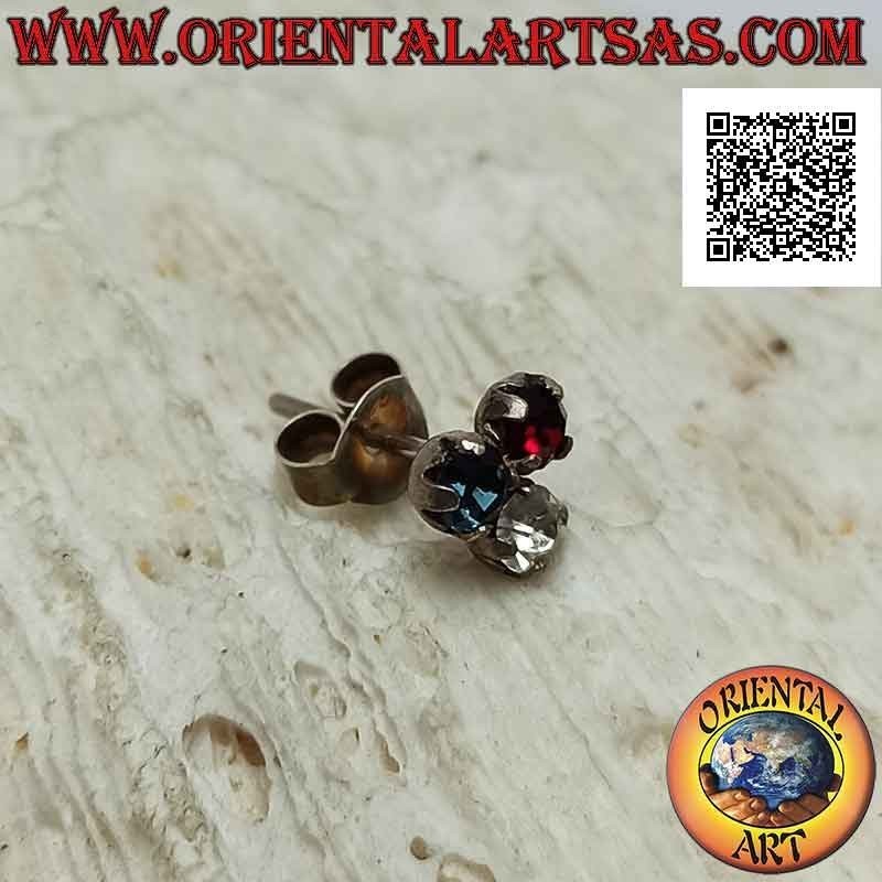 Pendiente mini en plata, trío de circonitas de colores engastado 3 mm