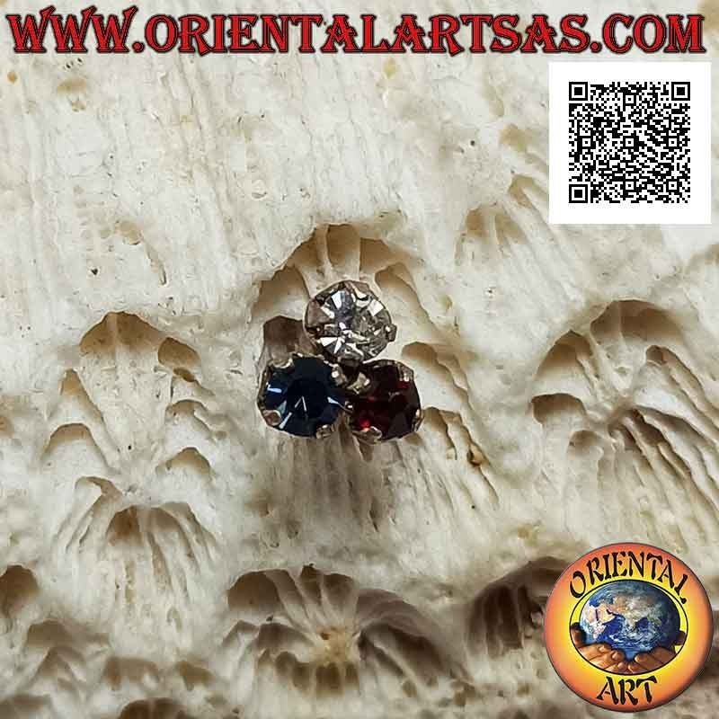 Pendiente mini en plata, trío de circonitas de colores engastado 3 mm
