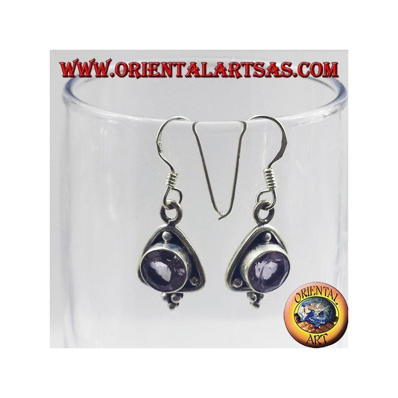silver earrings, triangle with round faceted Amethyst