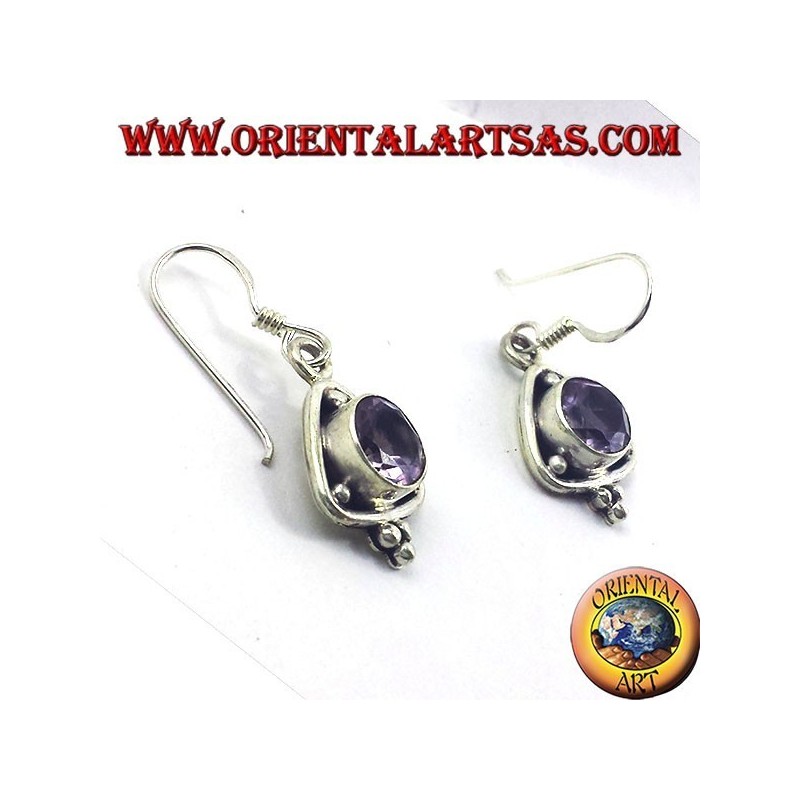 silver earrings, triangle with round faceted Amethyst