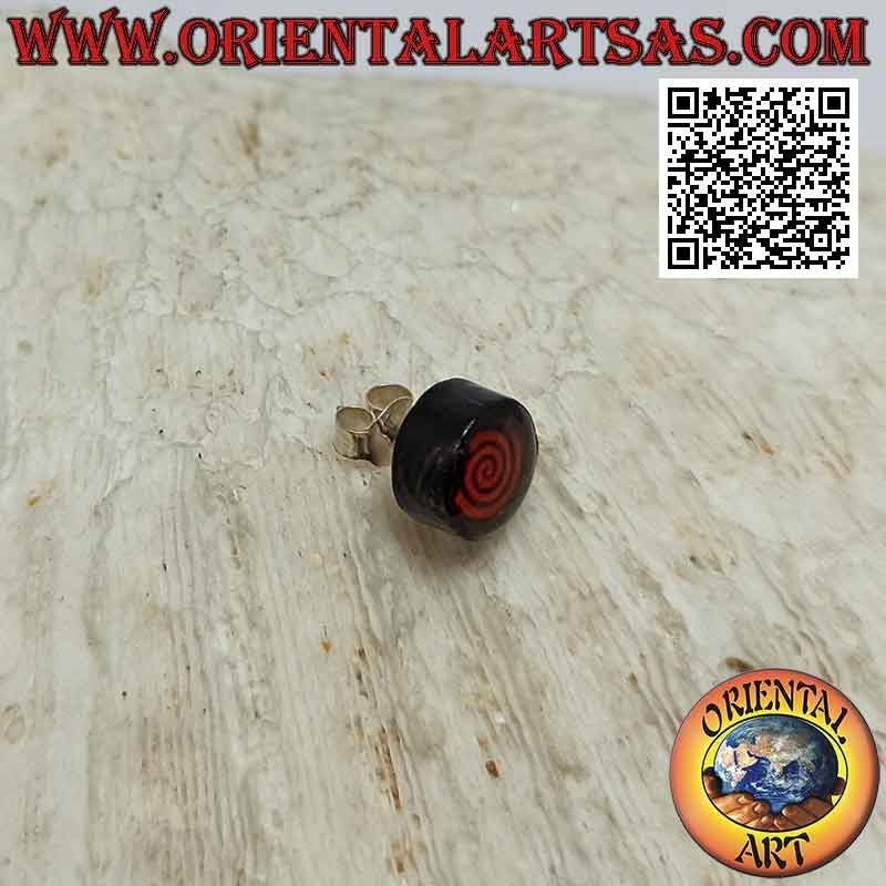 Mini silver earring, the red spiral on the black round
