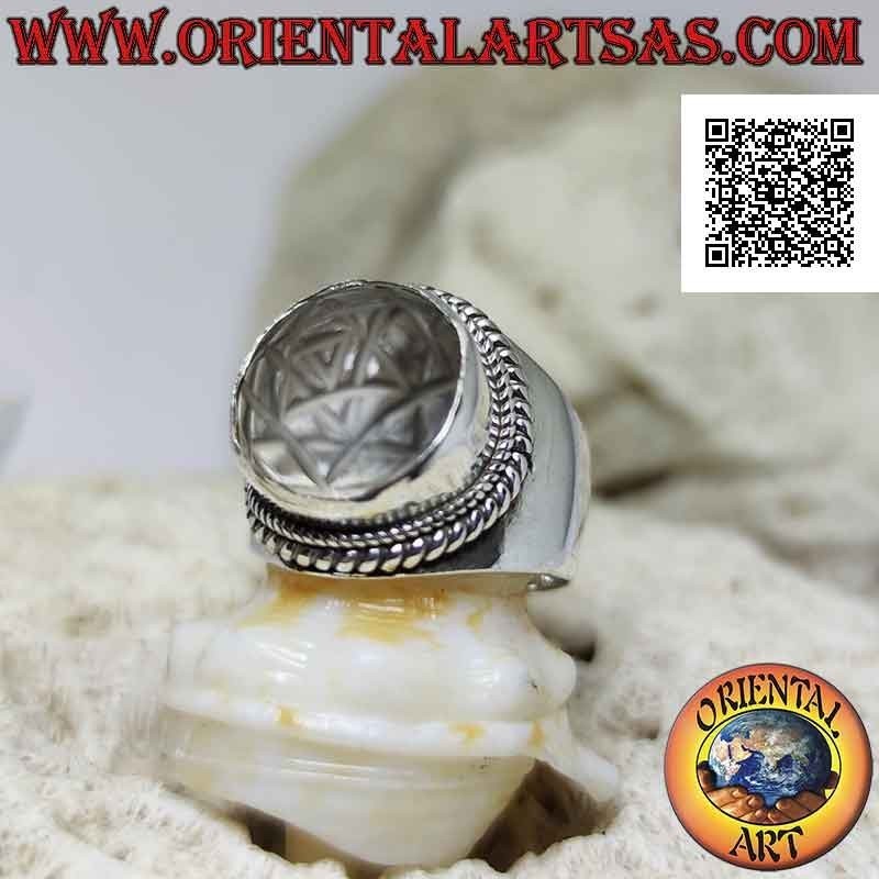 Anillo de plata con mandala Sri Yantra grabado en cristal de roca redondo
