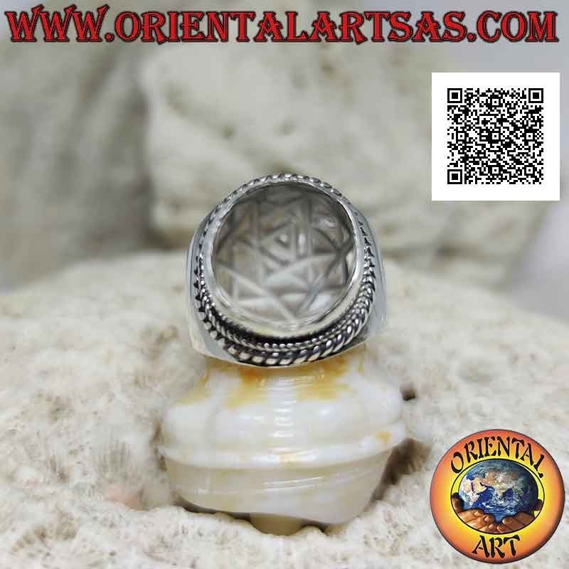 Anello in argento con mandala Sri Yantra inciso su cristallo di rocca tondo