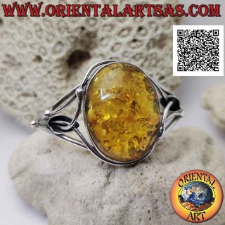 Bracciale rigido in argento 925‰ con grande ambra ovale cabochon e decorazione traforata floreale