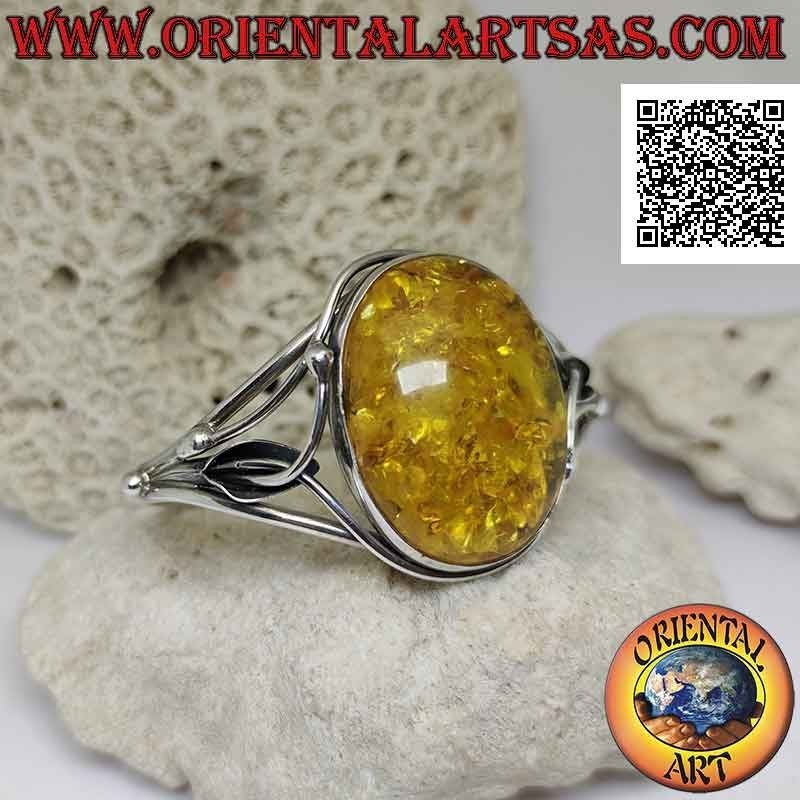 Pulsera rígida en plata 925 ‰ con gran cabujón ovalado de ámbar y decoración floral calada