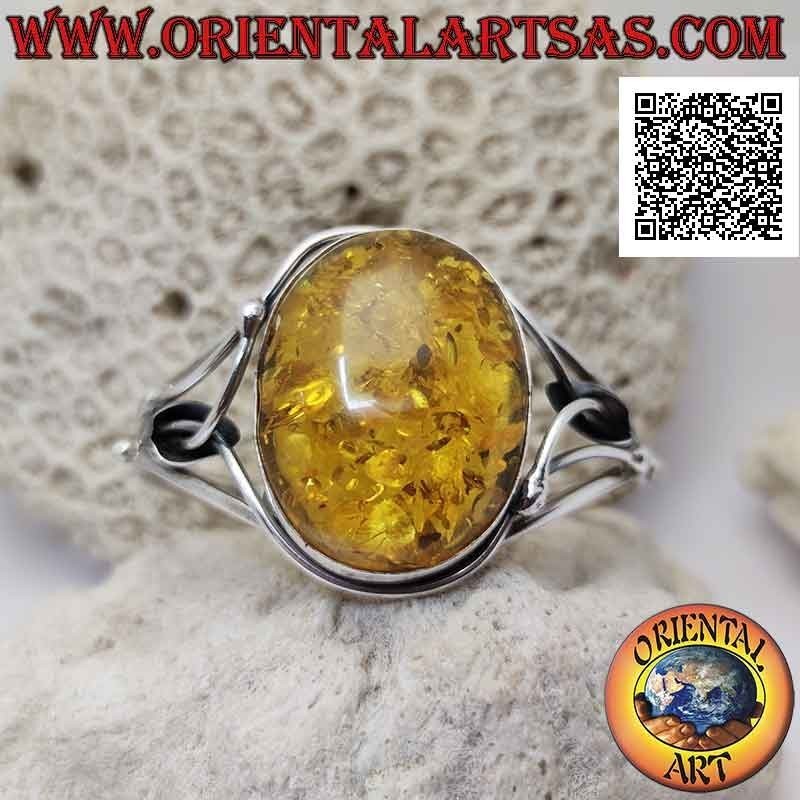 Pulsera rígida en plata 925 ‰ con gran cabujón ovalado de ámbar y decoración floral calada