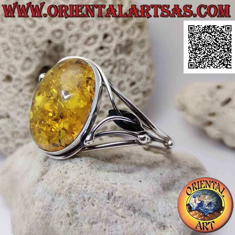 Bracelet rigide en argent 925 ‰ avec grand cabochon ovale ambre et décor floral ajouré