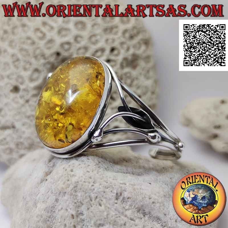 Bracelet rigide en argent 925 ‰ avec grand cabochon ovale ambre et décor floral ajouré