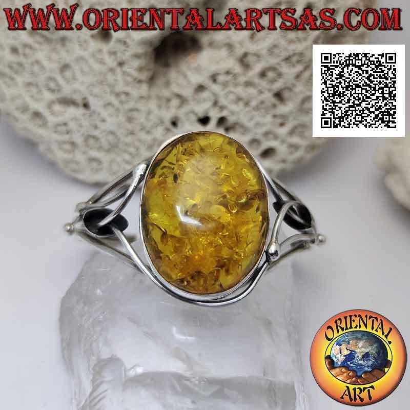 Rigid bracelet in 925 ‰ silver with large oval cabochon amber and floral openwork decoration