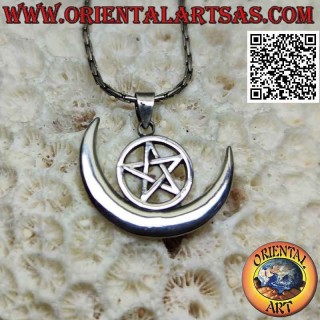 Wiccan silver pendant "pentacle and crescent moon"