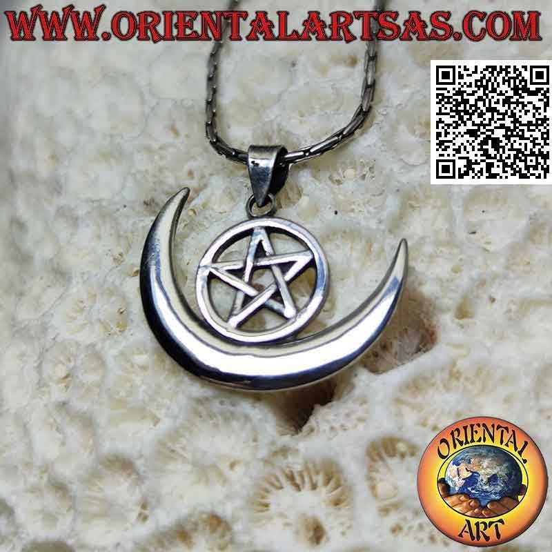 Pendentif wiccan en argent "pentacle et croissant de lune"