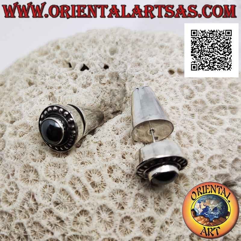 Traditional Balinese silver earrings with round hematite surrounded by studs