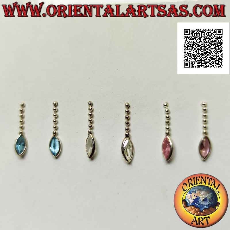Silver lobe earrings with a row of balls and colored shuttle-shaped zircon pendants
