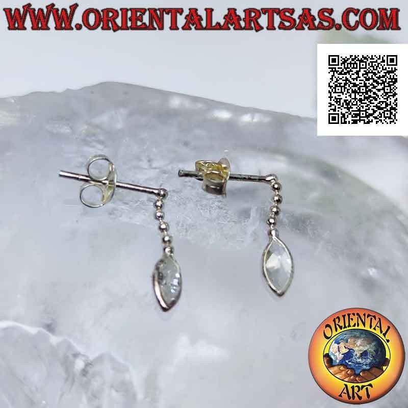 Silver lobe earrings with a row of balls and colored shuttle-shaped zircon pendants