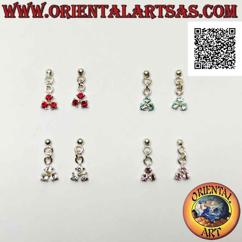 Silver earrings, lobe ball with trio of pendant colored zircons