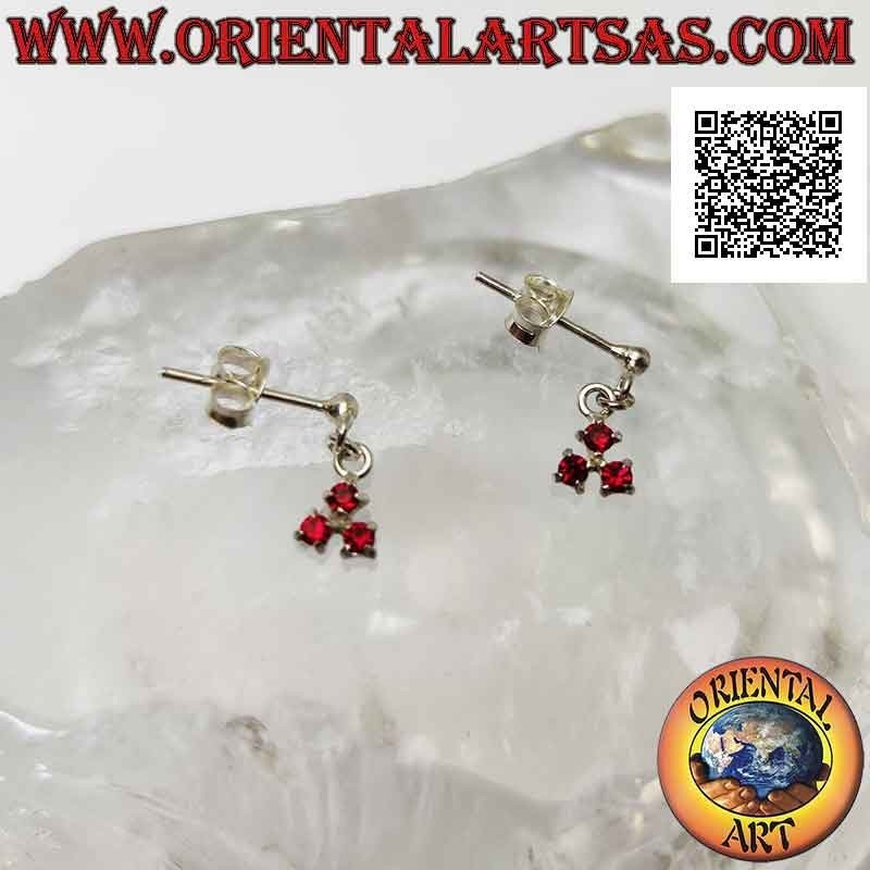 Silver earrings, lobe ball with trio of pendant colored zircons