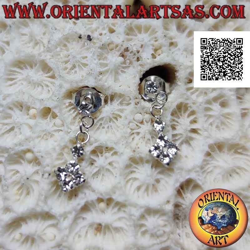 Silver earrings, lobe ball with pendant colored zircon rhombus