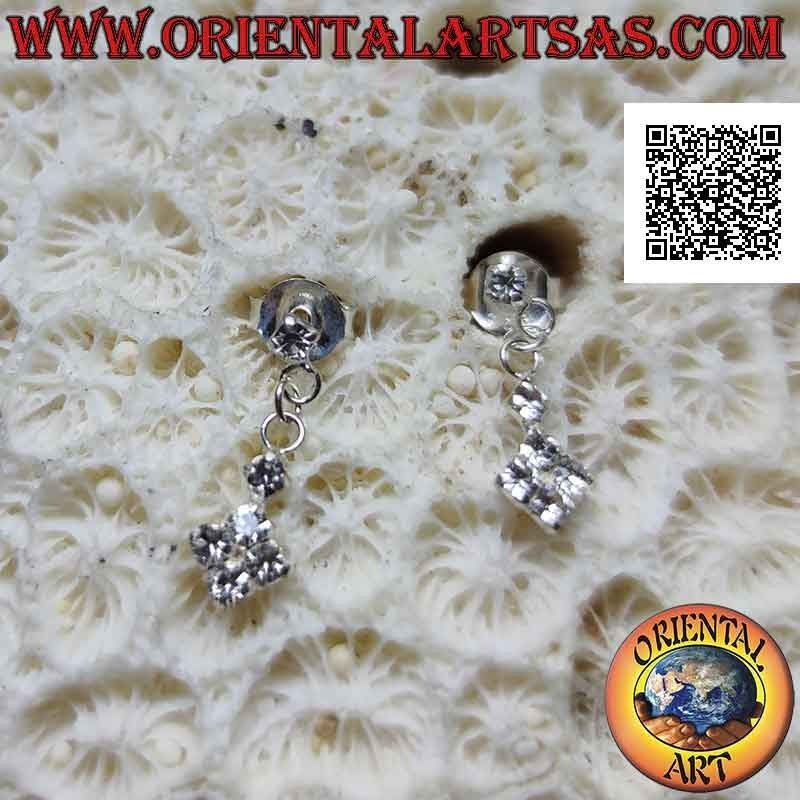 Pendientes de plata, bola de lóbulo con colgante de rombos de circonitas de colores