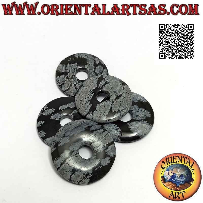 Colgante de disco de obsidiana / donut "copo de nieve" de 30 mm. Ø (cable incluido)