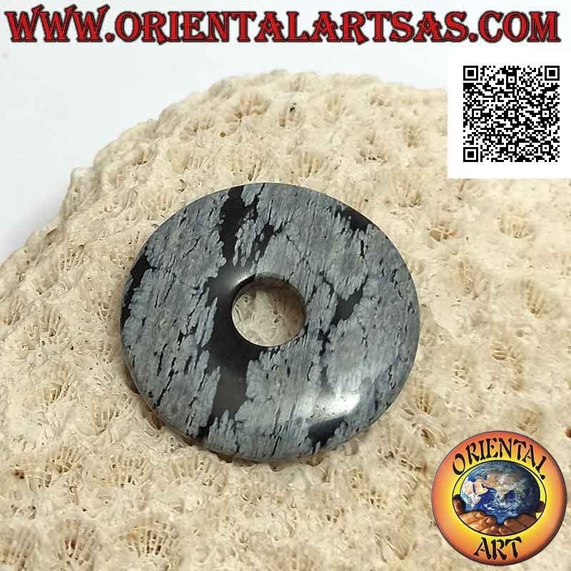 Pendentif disque / donut en obsidienne "flocon de neige" de 30 mm. Ø (cordon inclus)