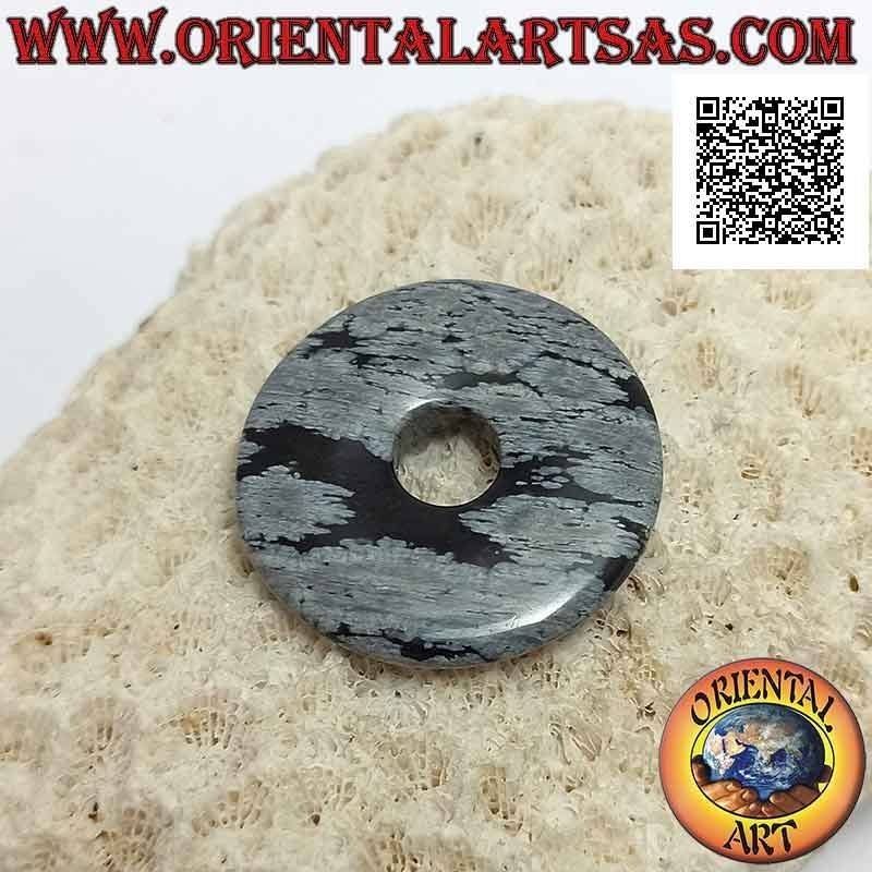 Pendentif disque / donut en obsidienne "flocon de neige" de 30 mm. Ø (cordon inclus)