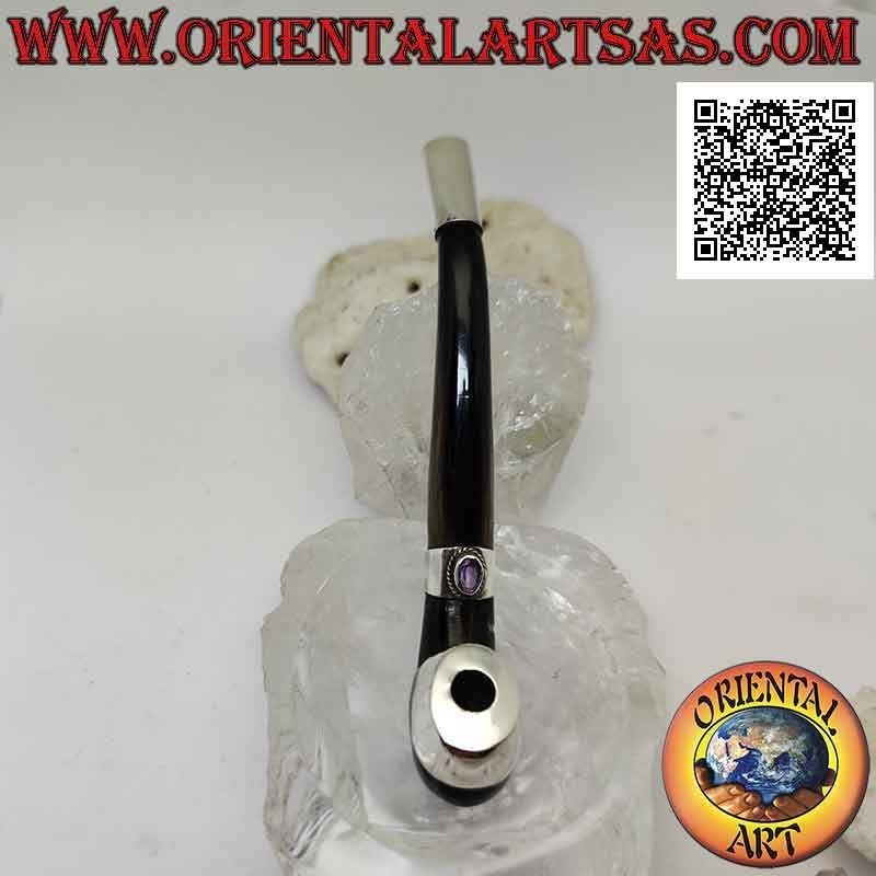 Porte-cigarette en forme de pipe en corne de bœuf et inserts en argent 925 ‰ avec améthyste naturelle