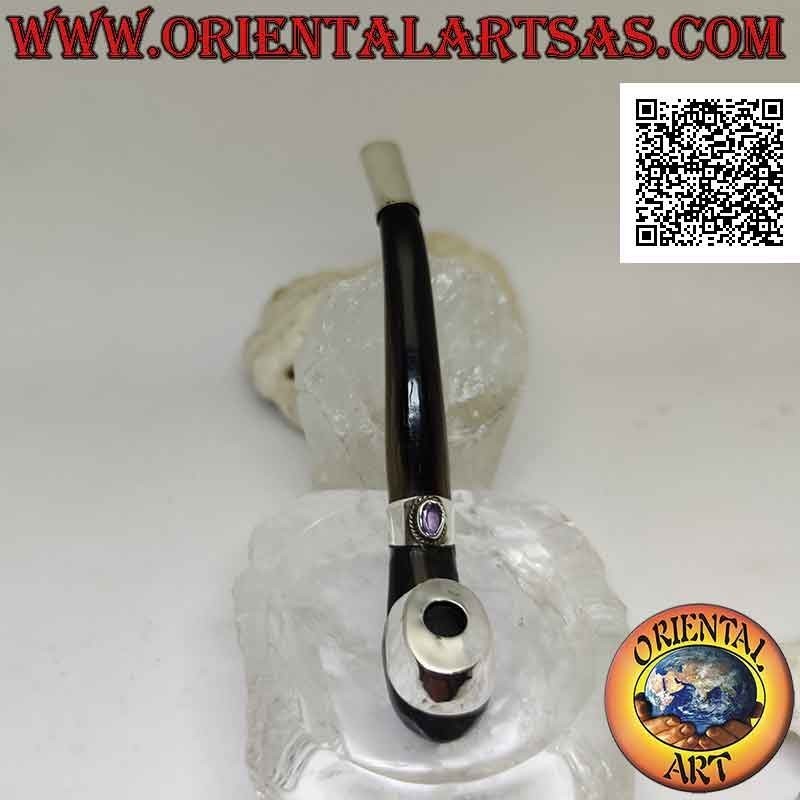 Pfeifenförmige Zigarettenspitze aus Ochsenhorn und 925 ‰ Silbereinsätzen mit natürlichem Amethyst