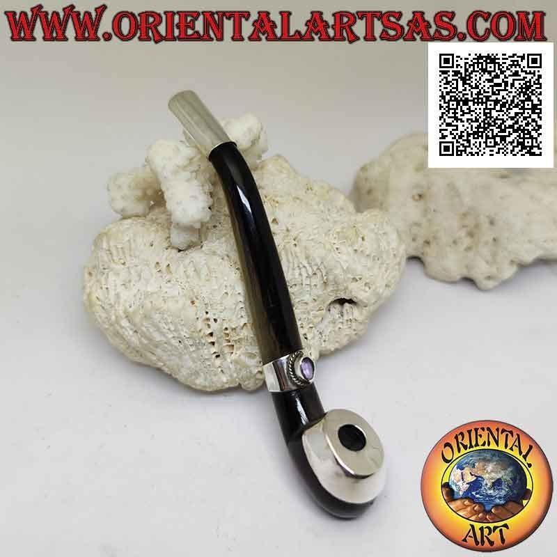Pipe-shaped cigarette holder in ox horn and 925 ‰ silver inserts with natural amethyst