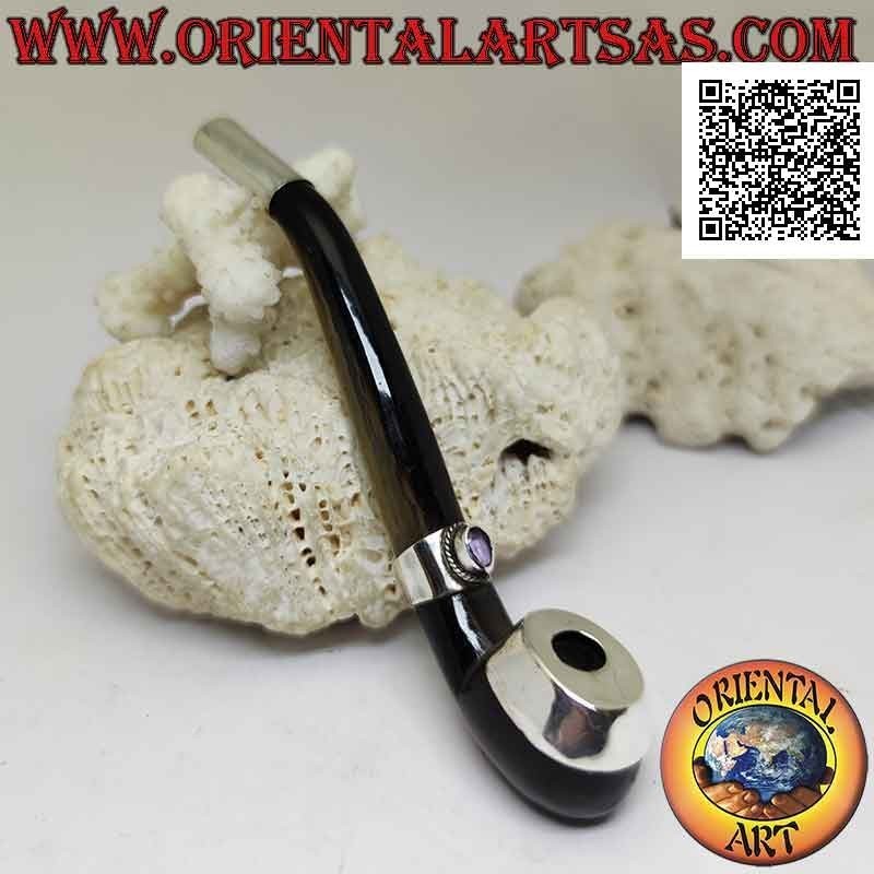 Pfeifenförmige Zigarettenspitze aus Ochsenhorn und 925 ‰ Silbereinsätzen mit natürlichem Amethyst