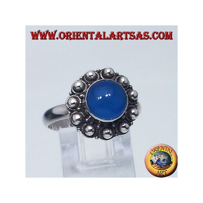silver ring with agate blue round Bali