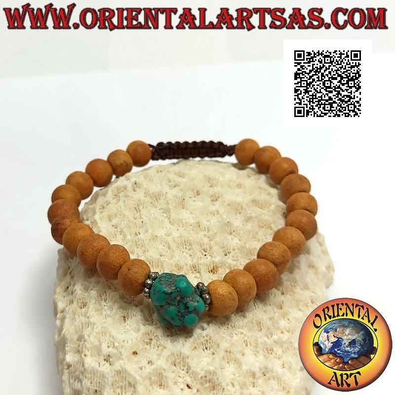 Mālā Armband aus 8 mm Perlen. Sandelholz und zentrales Türkis (verstellbar)