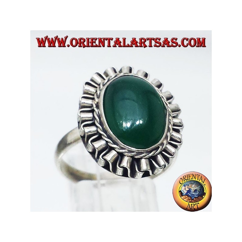 Silver ring with green oval agate cabochon