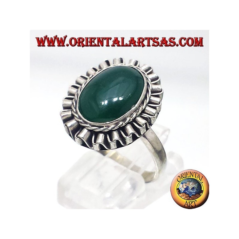 Silver ring with green oval agate cabochon