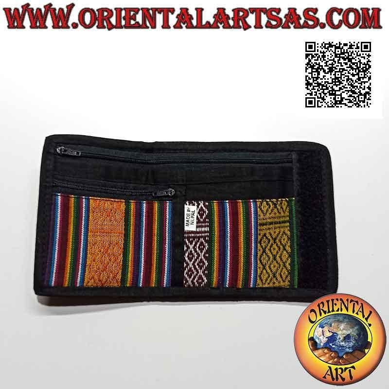 Portafogli nepalese (4 tasche con 2 zip) "i quattro soli con specchietti" in 100% cotone