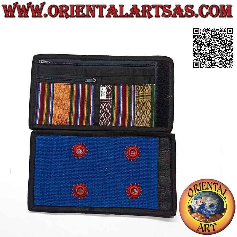 Portafogli nepalese (4 tasche con 2 zip) "i quattro soli con specchietti" in 100% cotone