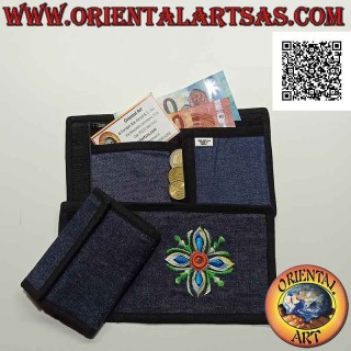 Nepalese wallet (4 pockets with 2 zips) "flower with central mirror" in 100% cotton jeans