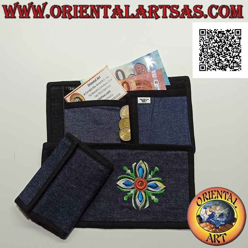 Portafogli nepalese (4 tasche con 2 zip) "fiore con specchietto centrale" in 100% cotone jeans