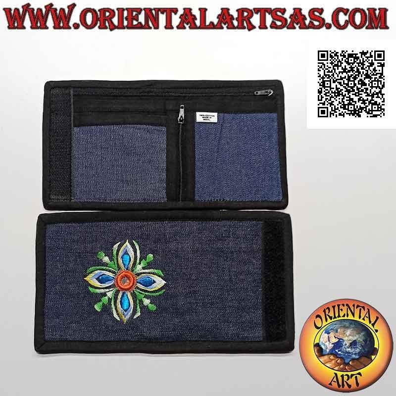 Portafogli nepalese (4 tasche con 2 zip) "fiore con specchietto centrale" in 100% cotone jeans