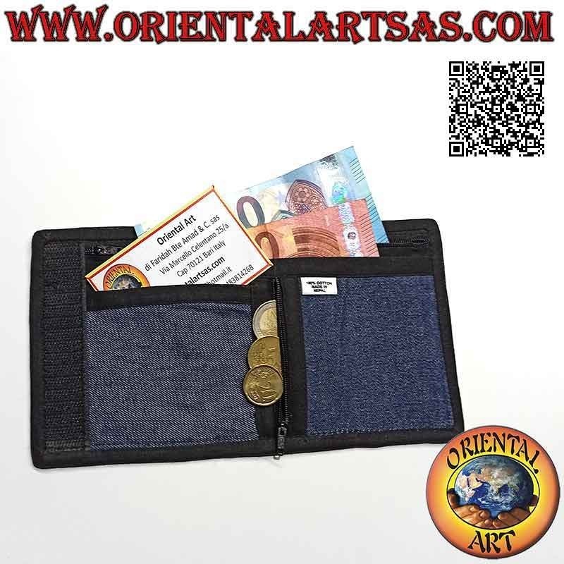 Portafogli nepalese (4 tasche con 2 zip) "fiore con specchietto centrale" in 100% cotone jeans