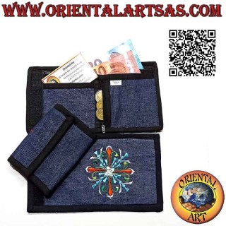 Nepalese wallet (4 pockets with 2 zip) "floral decoration" in 100% cotton jeans