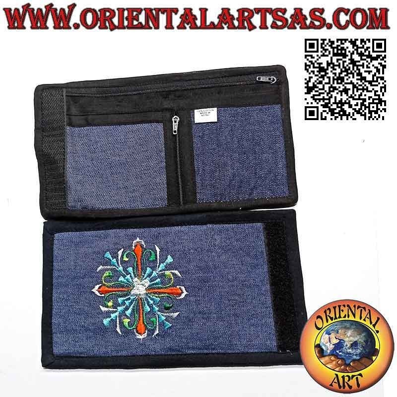 Portafogli nepalese (4 tasche con 2 zip) "decorazione floreale" in 100% cotone jeans