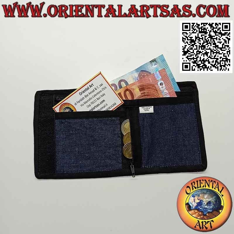 Cartera nepalí (4 bolsillos con 2 cremalleras) "decoración floral" en jeans 100% algodón