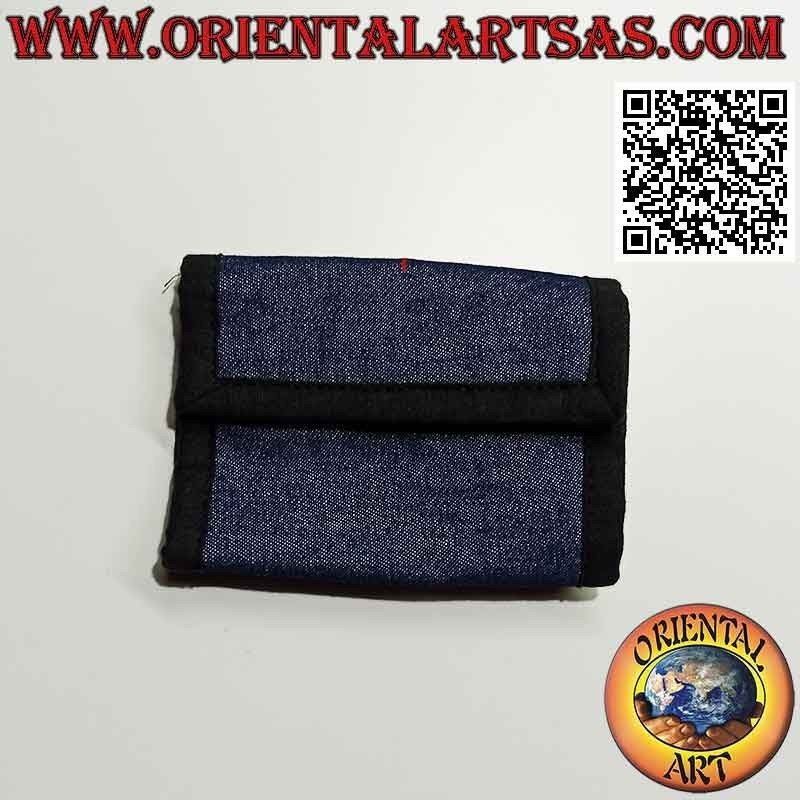 Portafogli nepalese (4 tasche con 2 zip) "decorazione floreale" in 100% cotone jeans